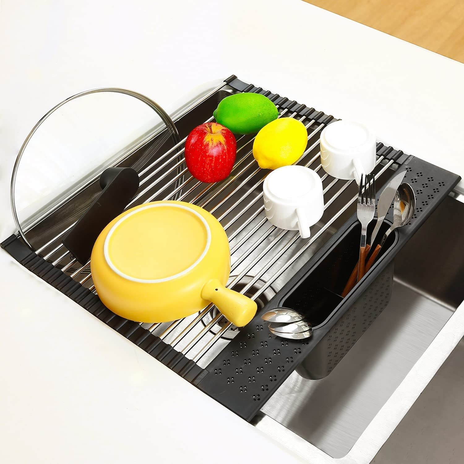 V178-36044-98638-10 2 Pack Large Stainless Steel Roll Up Dish Drying Rack with Utensil Holder for Home Kitchen - Image 11