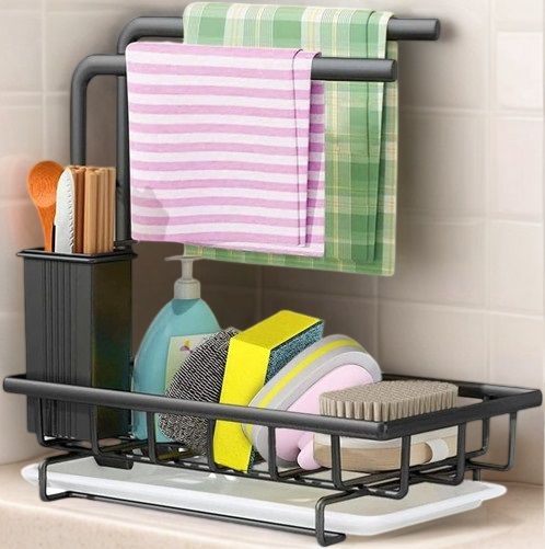 V178-36096-217161-01 Sink Caddy Sponge Holder with Drain Tray, Brush Holder & Dishcloth Holder for Kitchen - Image 2