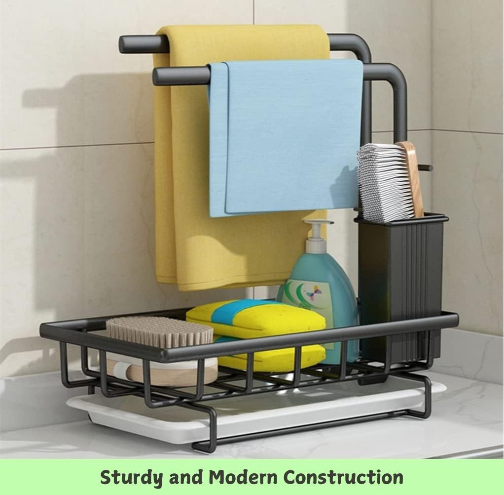 V178-36096-217161-02 Sink Caddy Sponge Holder with Drain Tray, Brush Holder & Dishcloth Holder for Kitchen - Image 3