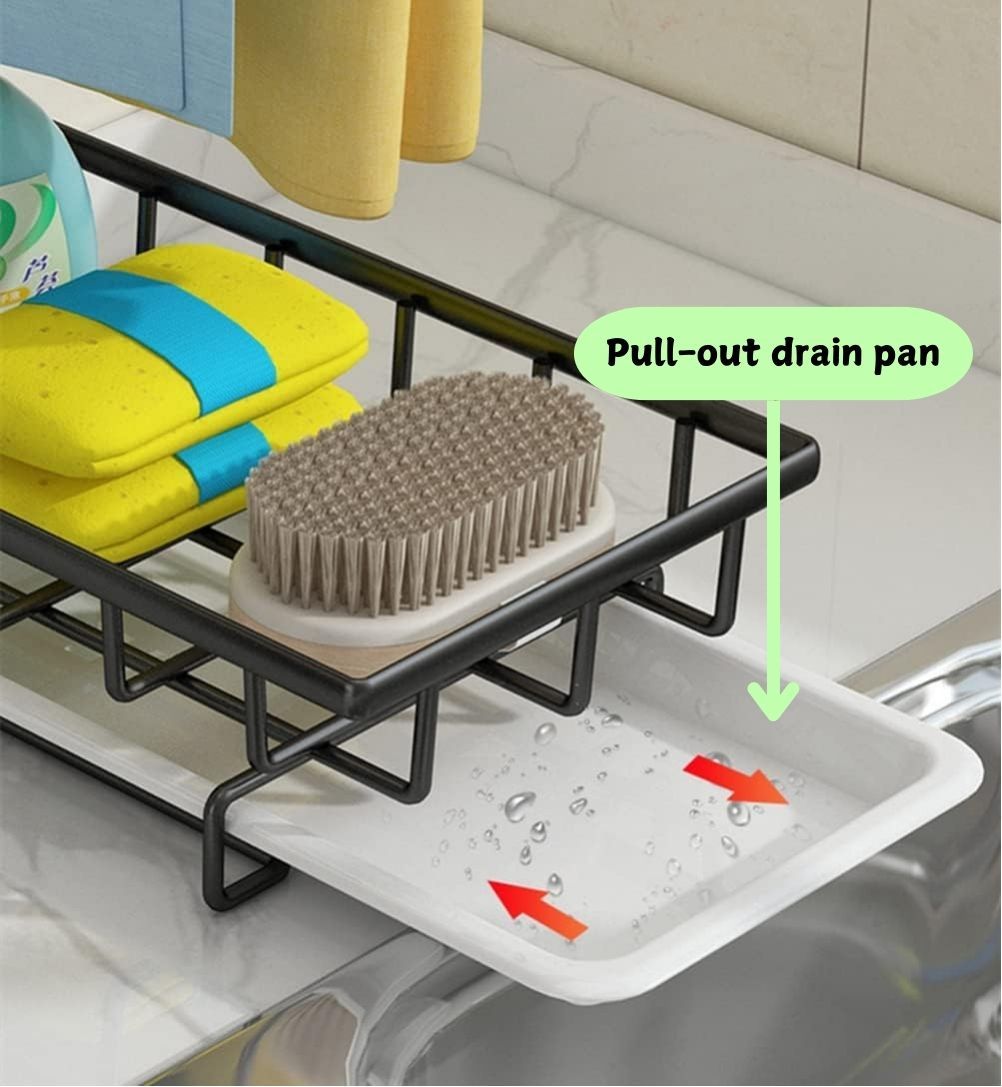 V178-36096-217161-03 Sink Caddy Sponge Holder with Drain Tray, Brush Holder & Dishcloth Holder for Kitchen - Image 4
