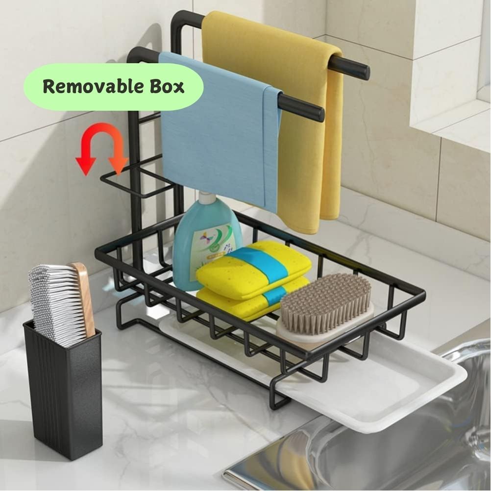 V178-36096-217161-04 Sink Caddy Sponge Holder with Drain Tray, Brush Holder & Dishcloth Holder for Kitchen - Image 5