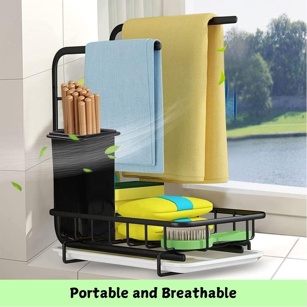 V178-36096-217161-05 Sink Caddy Sponge Holder with Drain Tray, Brush Holder & Dishcloth Holder for Kitchen - Image 6