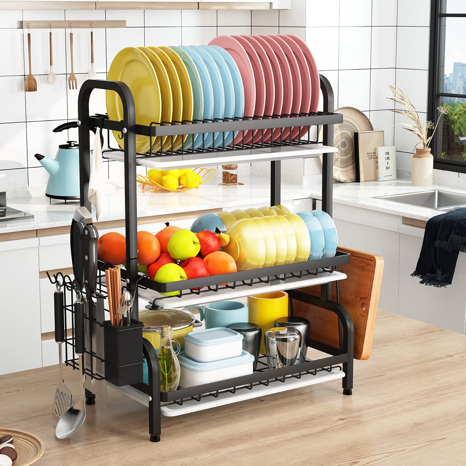 V178-36116-216255-01 Dish Drying Rack 3 Tier Large Capacity Kitchen Storage with Utensil and Cutting Board Holder - Image 2