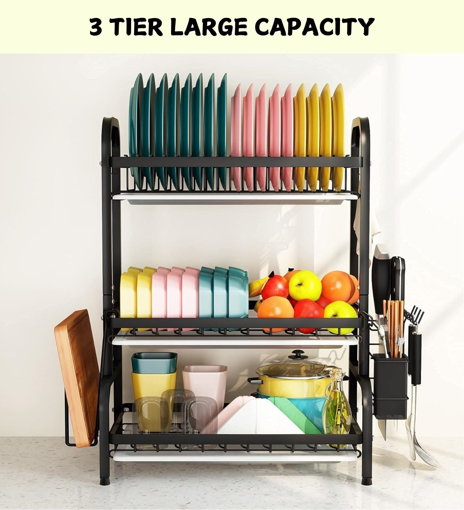 V178-36116-216255-02 Dish Drying Rack 3 Tier Large Capacity Kitchen Storage with Utensil and Cutting Board Holder - Image 3