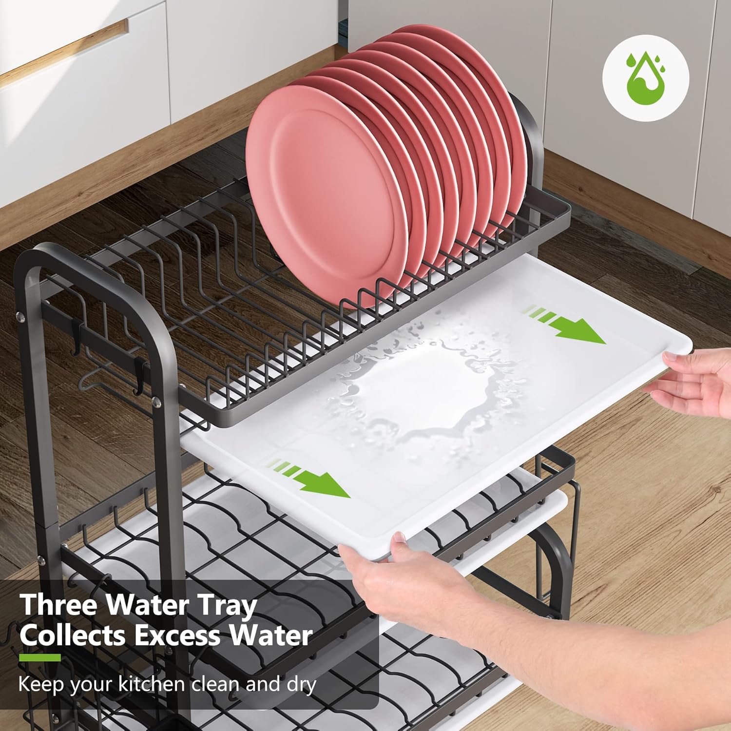 V178-36116-216255-03 Dish Drying Rack 3 Tier Large Capacity Kitchen Storage with Utensil and Cutting Board Holder - Image 4