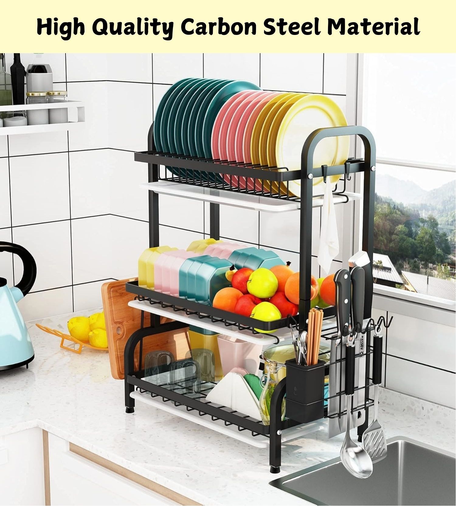 V178-36116-216255-04 Dish Drying Rack 3 Tier Large Capacity Kitchen Storage with Utensil and Cutting Board Holder - Image 5