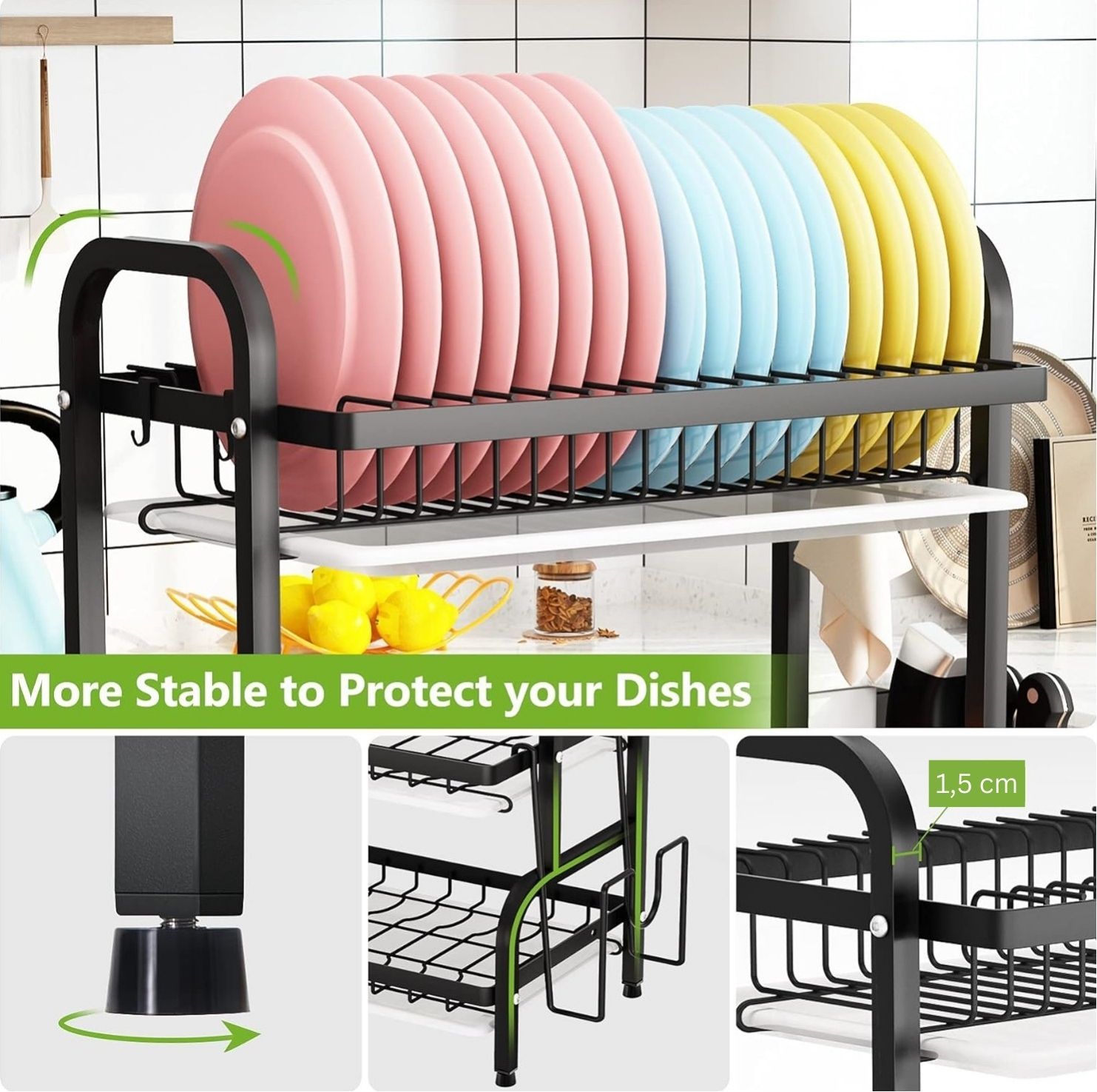 V178-36116-216255-05 Dish Drying Rack 3 Tier Large Capacity Kitchen Storage with Utensil and Cutting Board Holder - Image 6