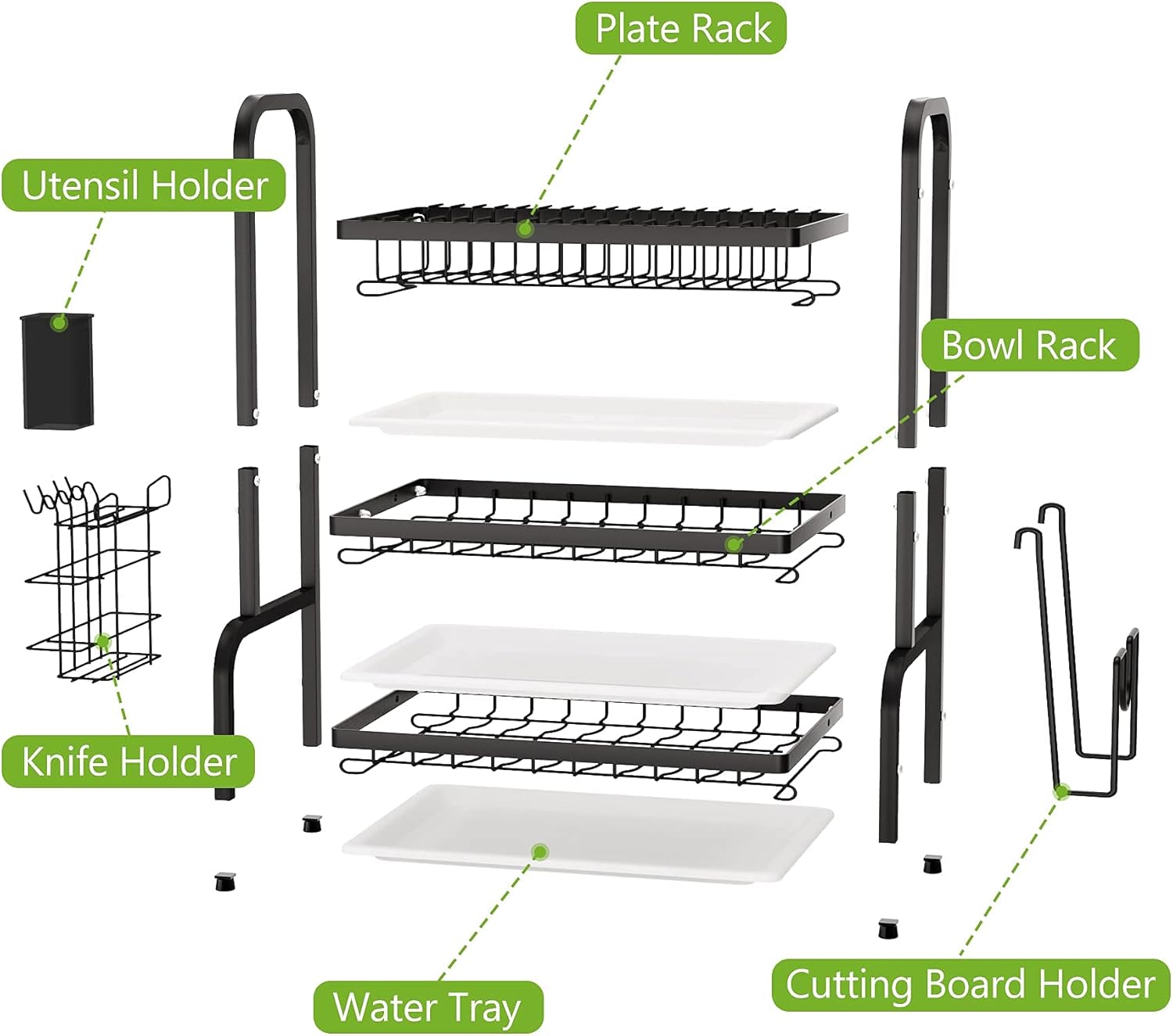 V178-36116-216255-06 Dish Drying Rack 3 Tier Large Capacity Kitchen Storage with Utensil and Cutting Board Holder - Image 7