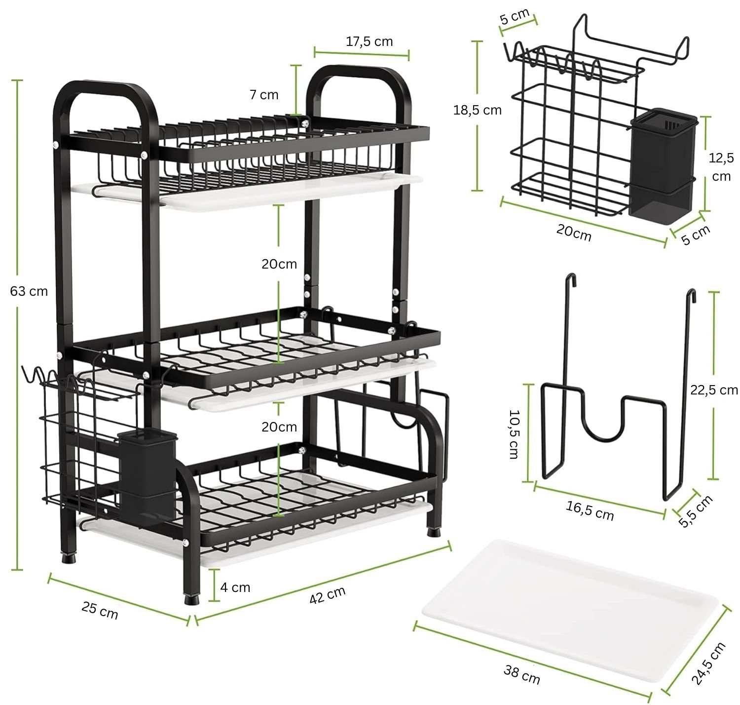 V178-36116-216255-07 Dish Drying Rack 3 Tier Large Capacity Kitchen Storage with Utensil and Cutting Board Holder - Image 8