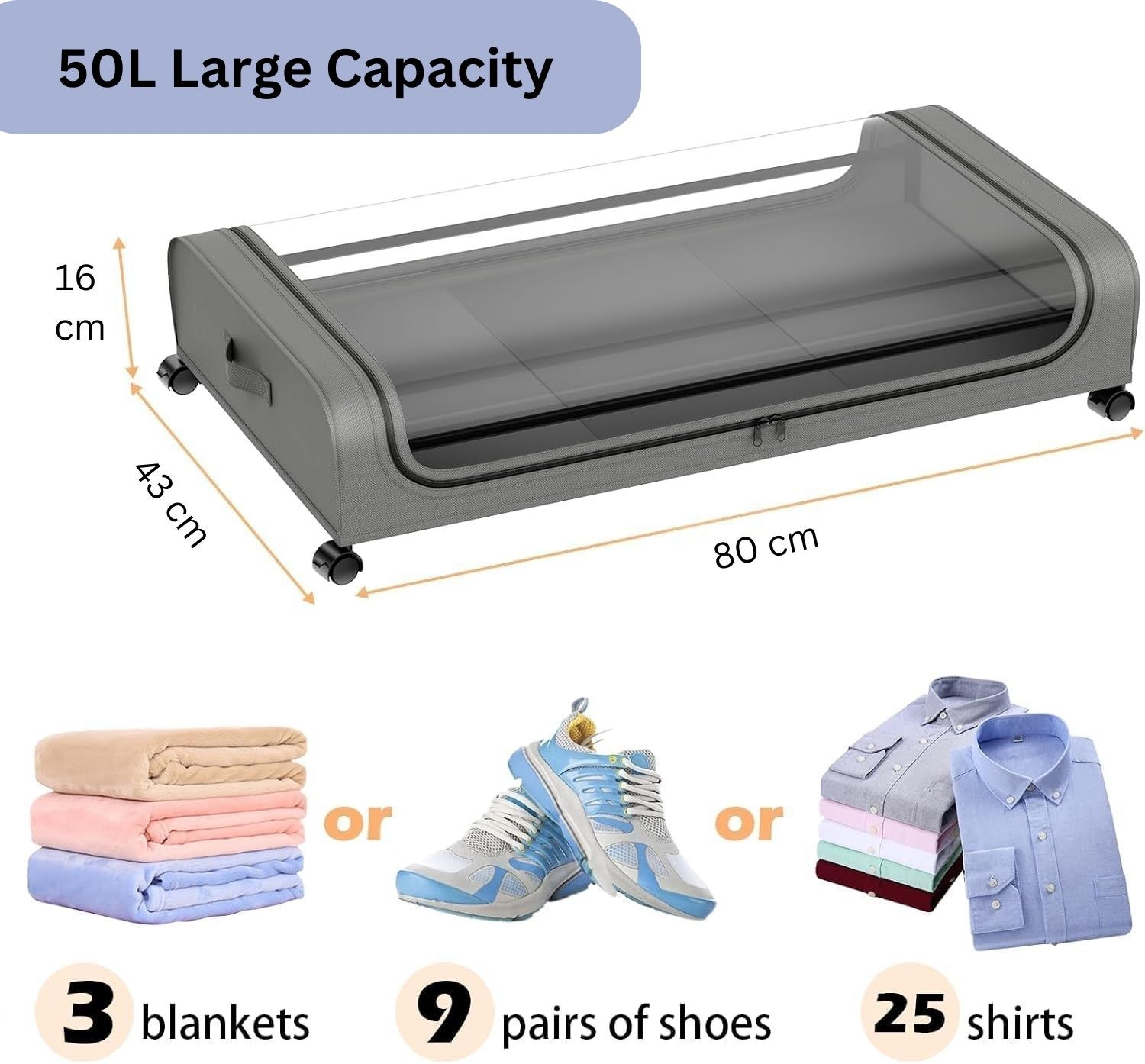 V178-36123-216250-01 XXL Under Bed Rolling Storage Containers with 50L Large Capacity and Wheels - Image 2