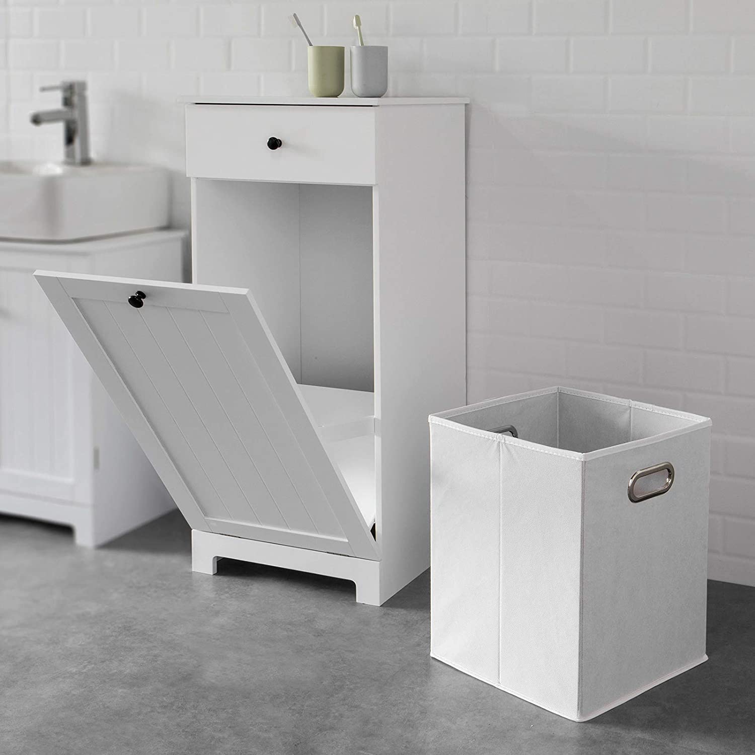 V178-85024_85024_3_OAsnrcQec White Bathroom Cabinet with Laundry Basket and Drawer - Image 3