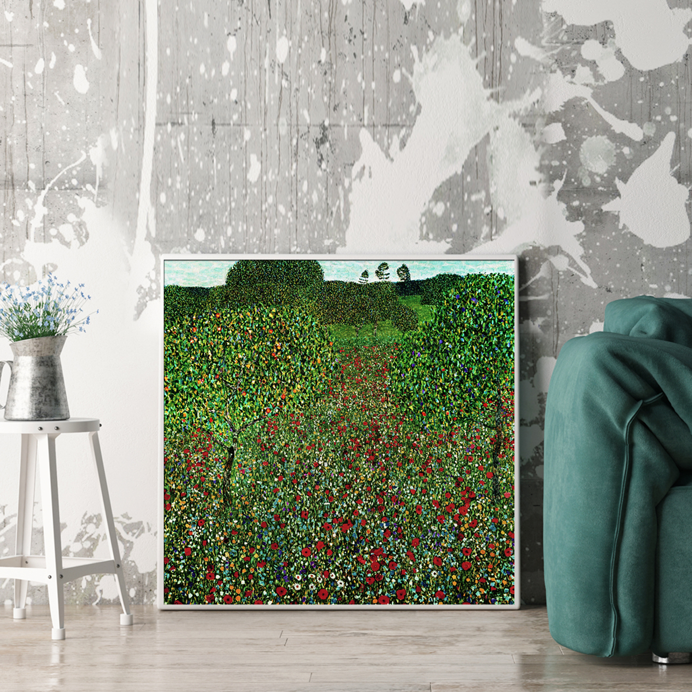 V207-1313-4-146052-01 Wall Art 100cmx100cm Field of Poppies by Gustav Klimt White Frame Canvas - Image 2