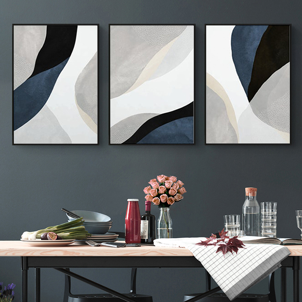 V207-1337-3-146027-01 Wall Art 90cmx135cm Abstract Navy Blue 3 Sets Black Frame Canvas - Image 2