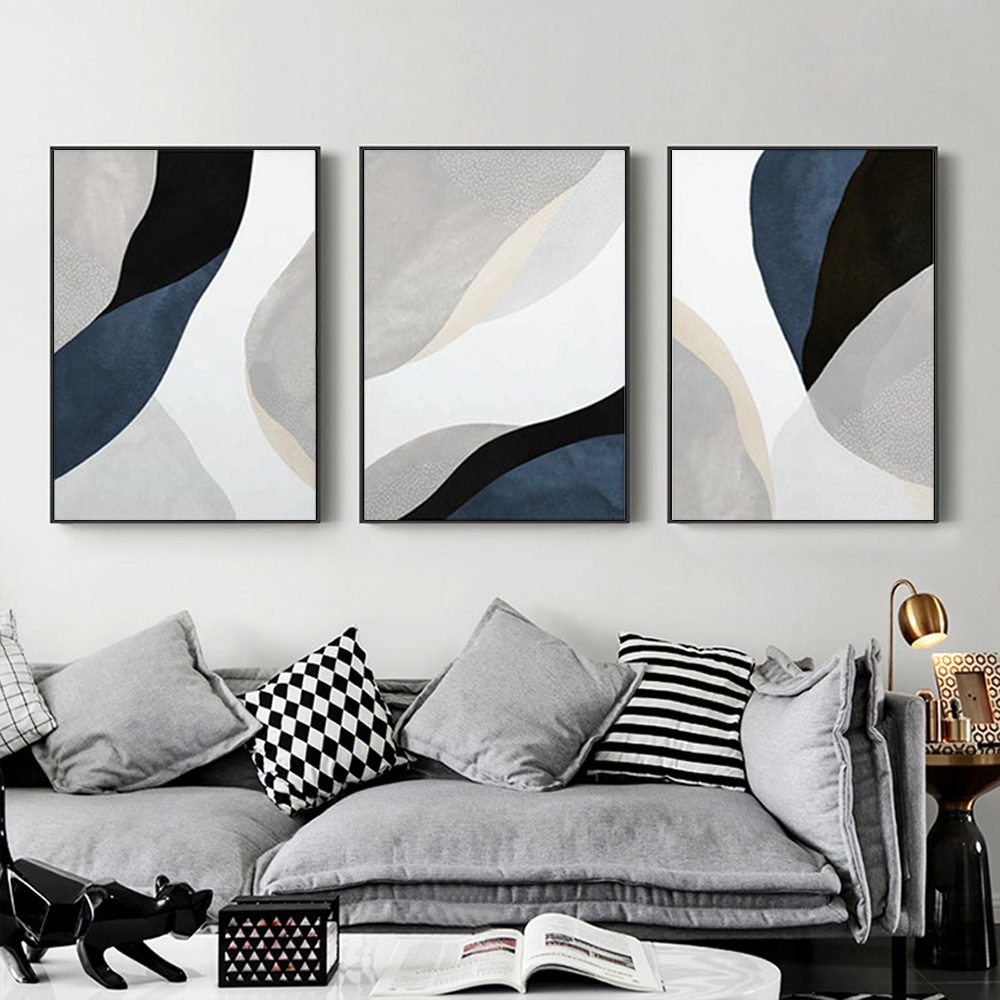 V207-1337-3-146027-02 Wall Art 90cmx135cm Abstract Navy Blue 3 Sets Black Frame Canvas - Image 3