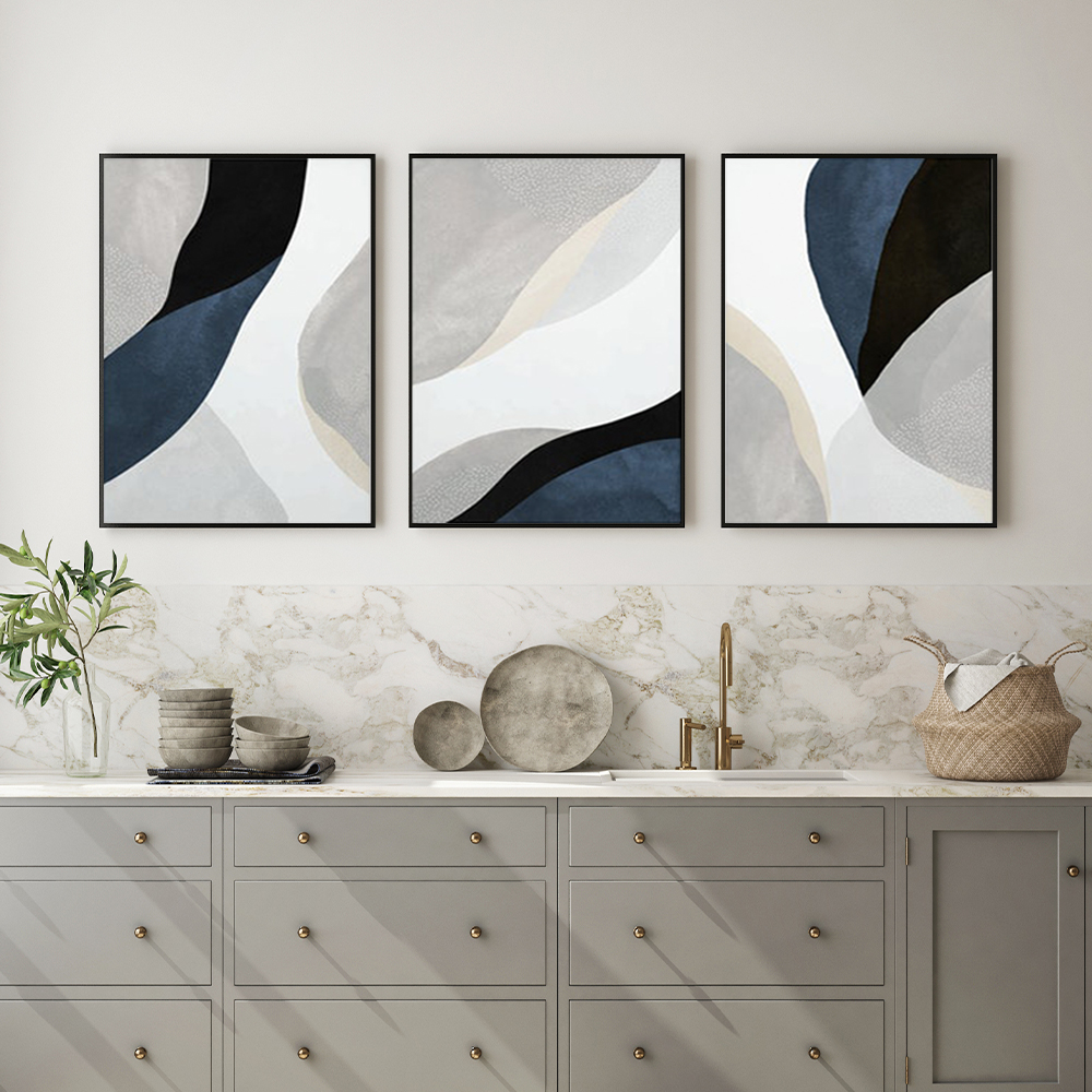 V207-1337-3-146027-03 Wall Art 90cmx135cm Abstract Navy Blue 3 Sets Black Frame Canvas - Image 4