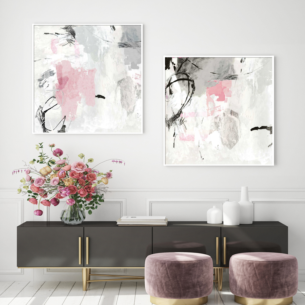 V207-1510-4-145821-01 Wall Art 100cmx100cm Abstract Pink Grey 2 Sets White Frame Canvas - Image 2