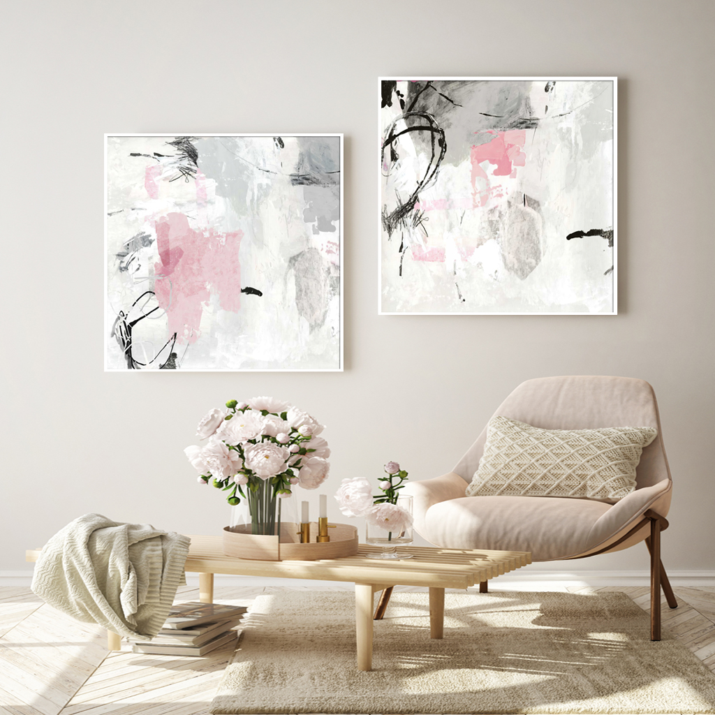V207-1510-4-145821-02 Wall Art 100cmx100cm Abstract Pink Grey 2 Sets White Frame Canvas - Image 3