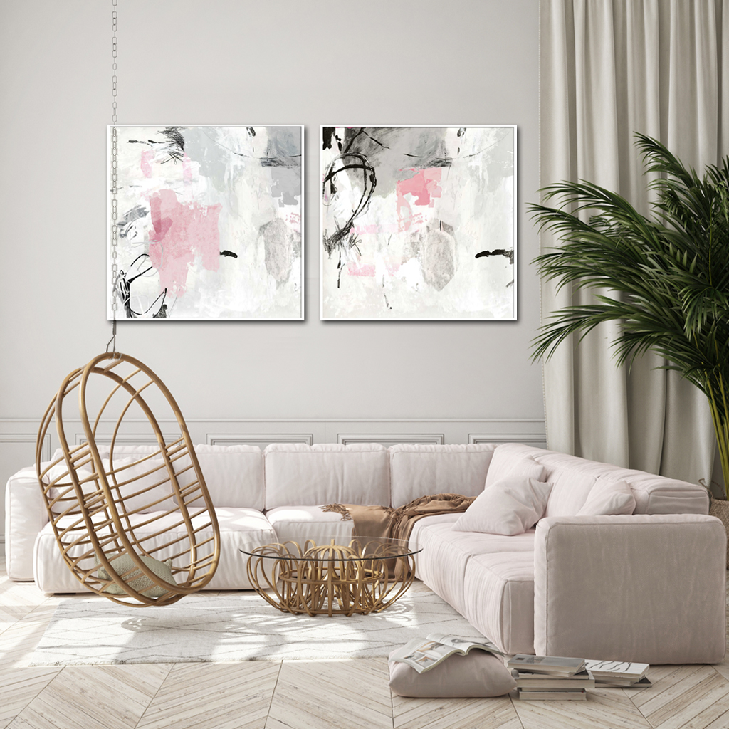 V207-1510-4-145821-03 Wall Art 100cmx100cm Abstract Pink Grey 2 Sets White Frame Canvas - Image 4