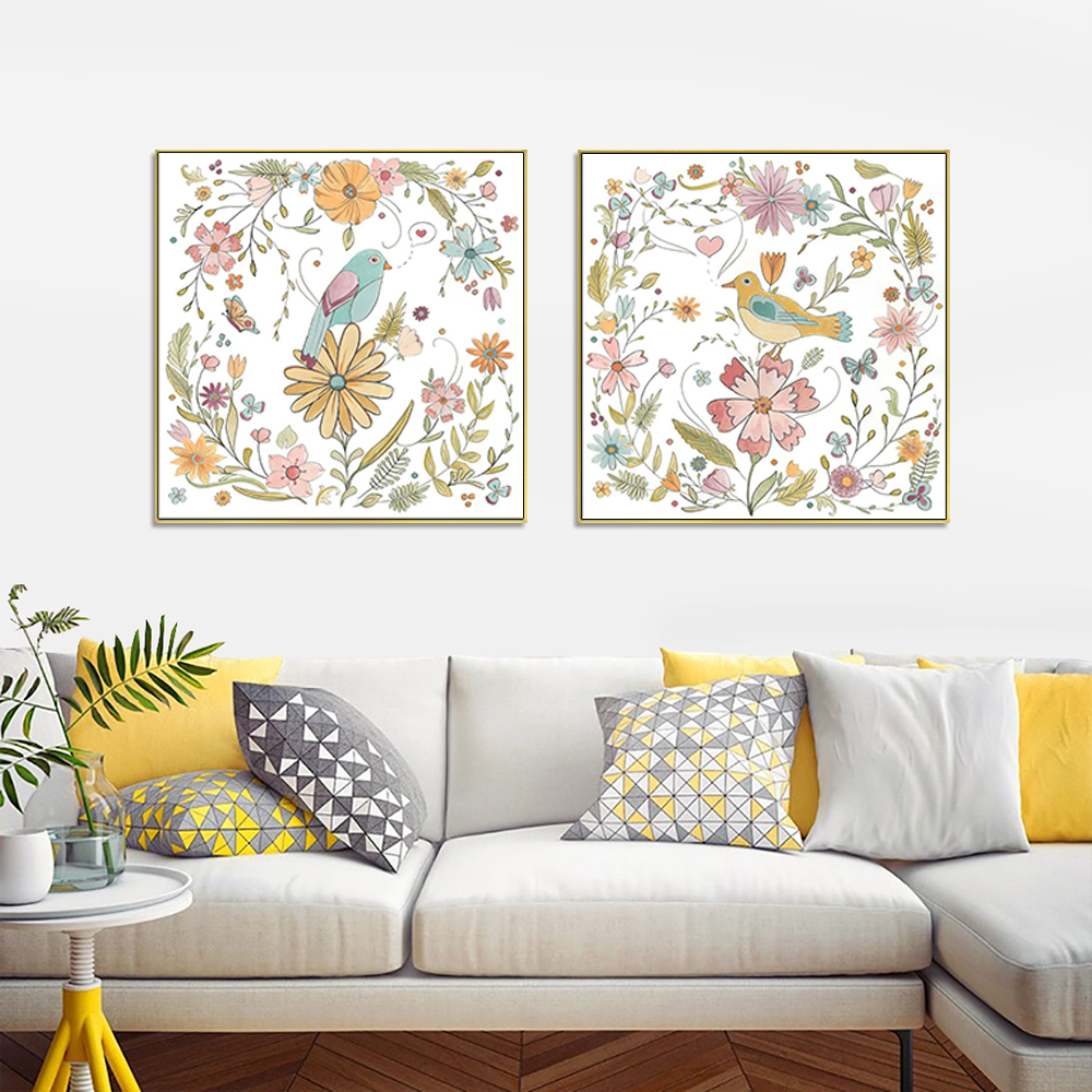 V207-1523-4-146304-01 Wall Art 100cmx100cm Floral birds 2 Sets Gold Frame Canvas - Image 2