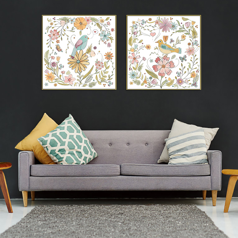 V207-1523-4-146304-02 Wall Art 100cmx100cm Floral birds 2 Sets Gold Frame Canvas - Image 3