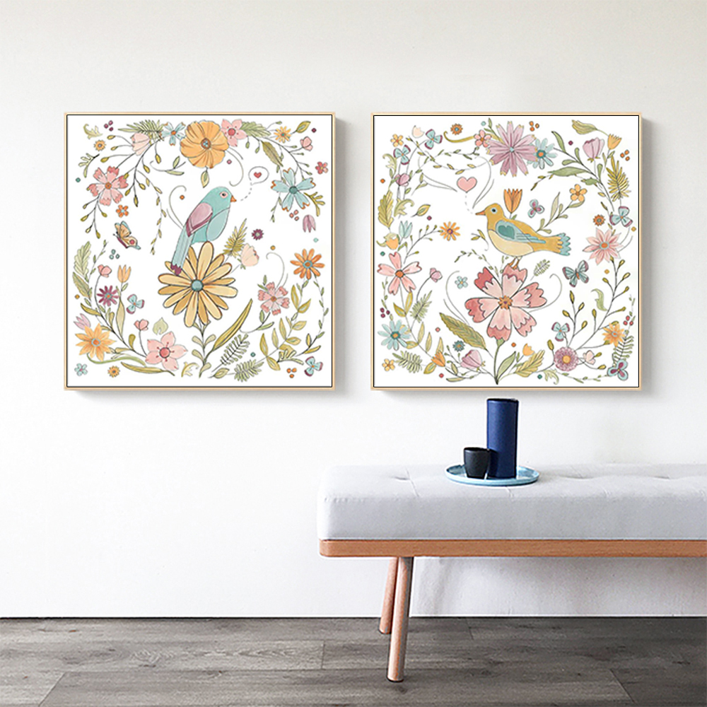 V207-1523-4-146304-03 Wall Art 100cmx100cm Floral birds 2 Sets Gold Frame Canvas - Image 4