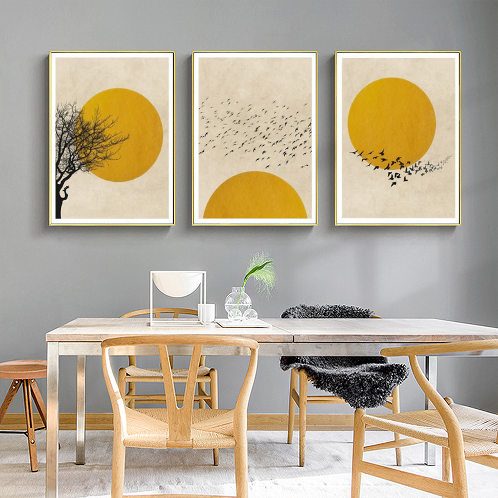 V207-1526-4-146312-02 Wall Art 100cmx150cm Flock Of Birds Sun Silhouette 3 Sets Gold Frame Canvas - Image 3