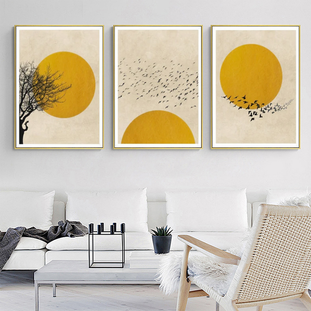 V207-1526-4-146312-03 Wall Art 100cmx150cm Flock Of Birds Sun Silhouette 3 Sets Gold Frame Canvas - Image 4