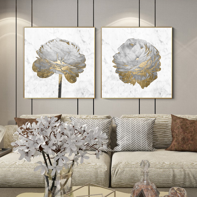 V207-1596-4-146227-01 Wall Art 100cmx100cm Gold And White Blossom On White 2 Sets Gold Frame Canvas - Image 2