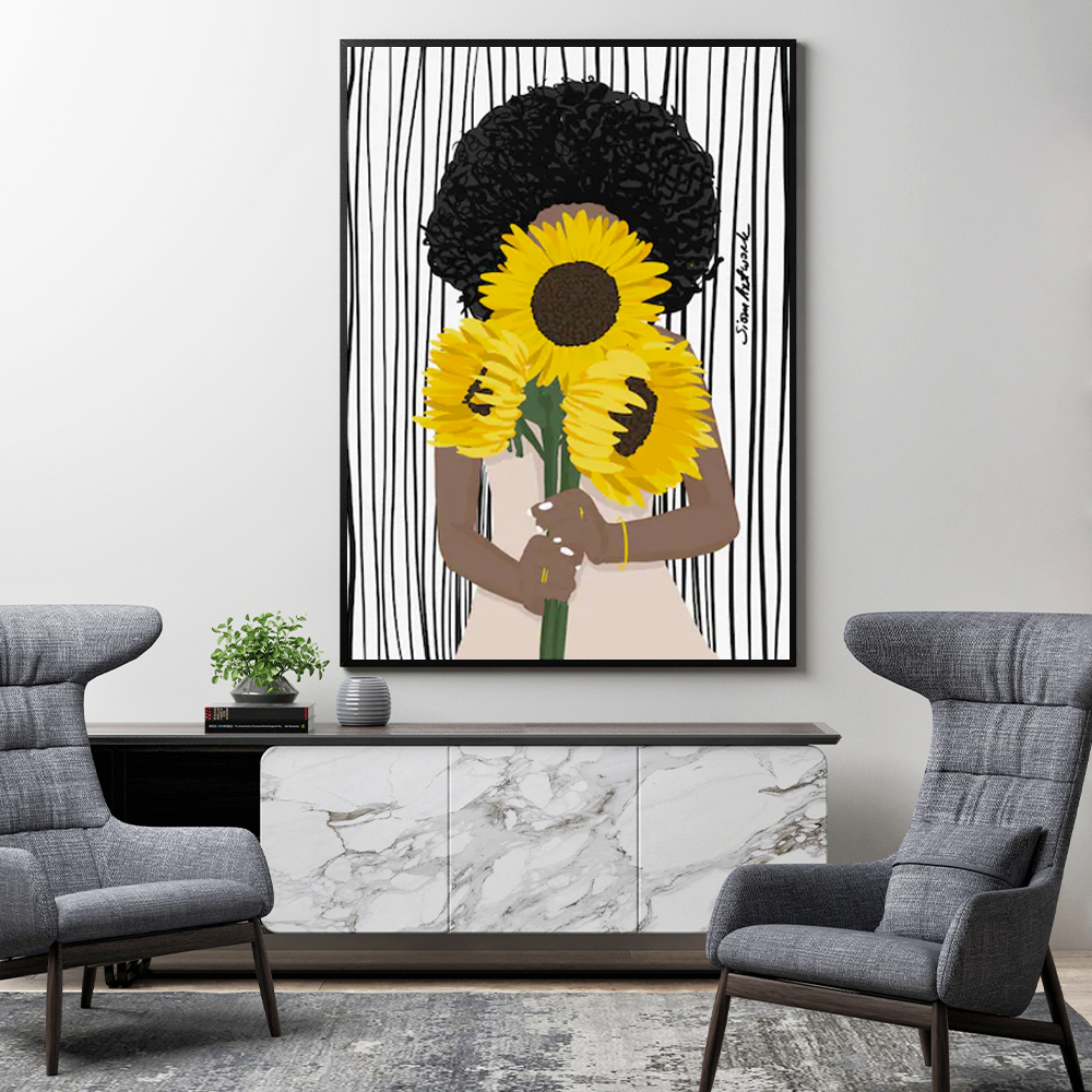 V207-17223-130877-01 Wall Art 100cmx150cm African Woman Sunflower Black Frame Canvas - Image 2