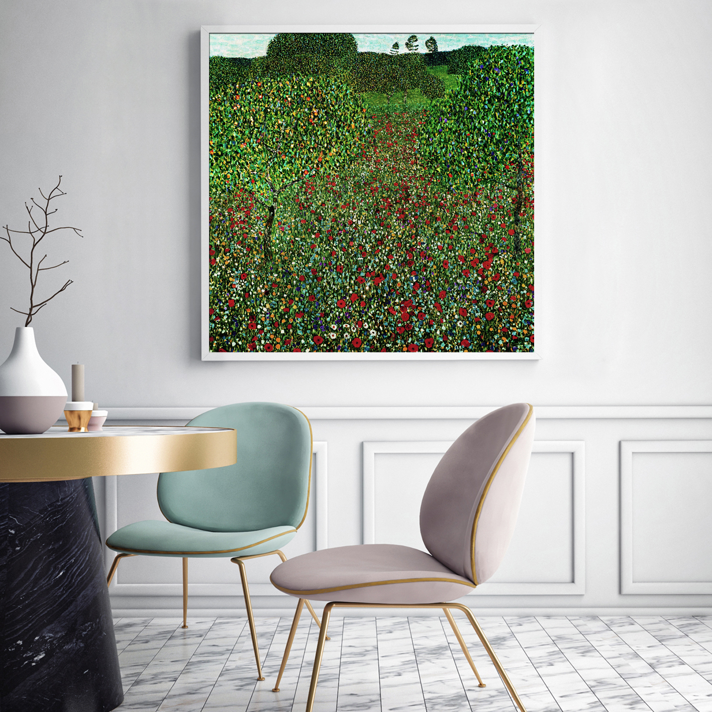 V207-17543-130857-02 Wall Art 100cmx100cm Field of Poppies by Gustav Klimt White Frame Canvas - Image 3