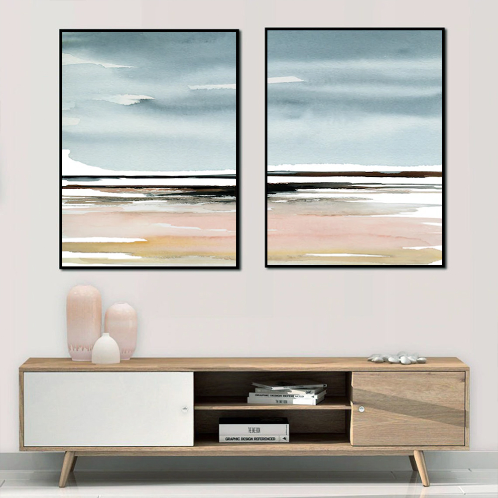 V207-20433-97611-02 Wall Art 90cmx135cm Pink Beach Landscape 2 Sets Black Frame Canvas - Image 3