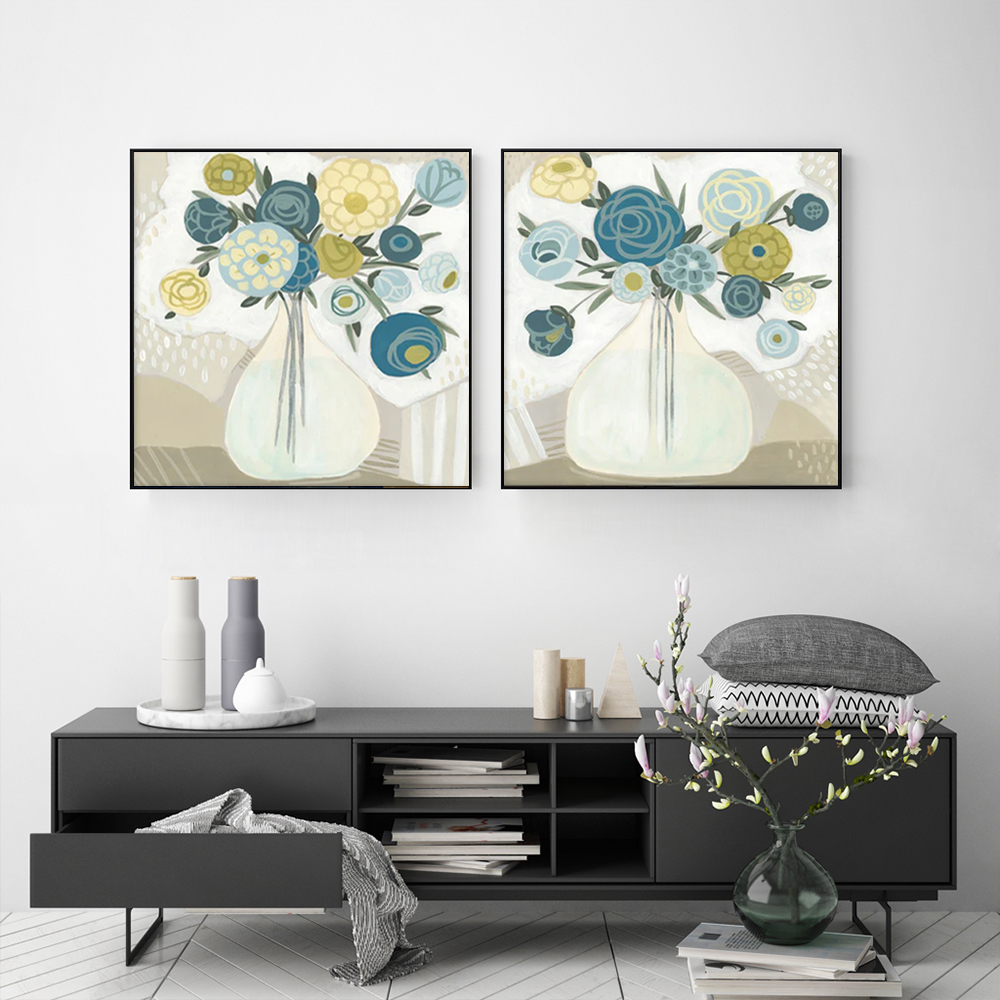 V207-20914-97558-01 Wall Art 100cmx100cm Blue Bouquet 2 Sets Black Frame Canvas - Image 2