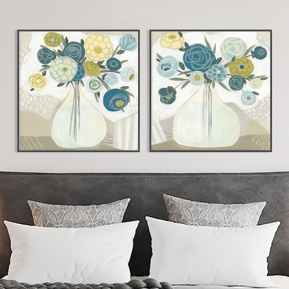 V207-20914-97558-02 Wall Art 100cmx100cm Blue Bouquet 2 Sets Black Frame Canvas - Image 3
