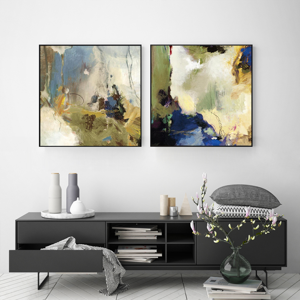 V207-22184-97332-02 Wall Art 100cmx100cm Abstract Blue 2 Sets Black Frame Canvas - Image 3