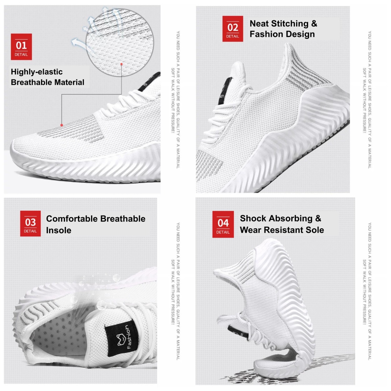 V213-SN556-A-WHT44_V10uLLT_1 Men's Sneakers Outdoor Road Shoes Breathable Lightweight Non-slip ( White Size US10=US44 ) - Image 4