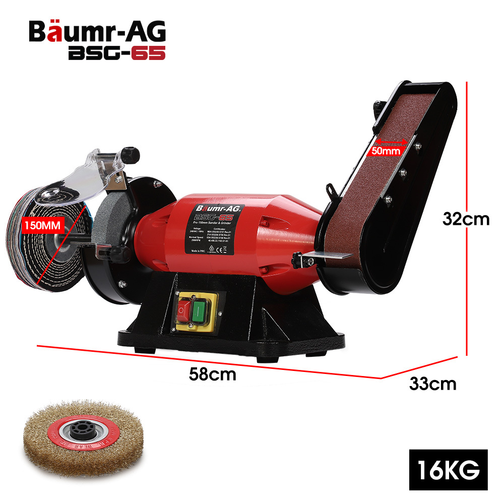 V219-SNDBELBMG65A-225679-01 BAUMR-AG Bench Grinder Sander and Polisher Combo, 150mm Grinding Wheel, 50mm Linisher, 520W Brushless Motor, w/ Wire and Buffing Wheels - Image 2