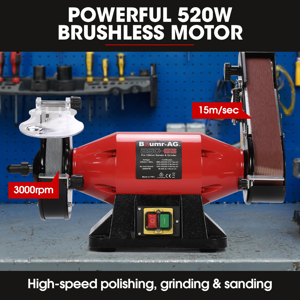 V219-SNDBELBMG65A-225679-02 BAUMR-AG Bench Grinder Sander and Polisher Combo, 150mm Grinding Wheel, 50mm Linisher, 520W Brushless Motor, w/ Wire and Buffing Wheels - Image 3