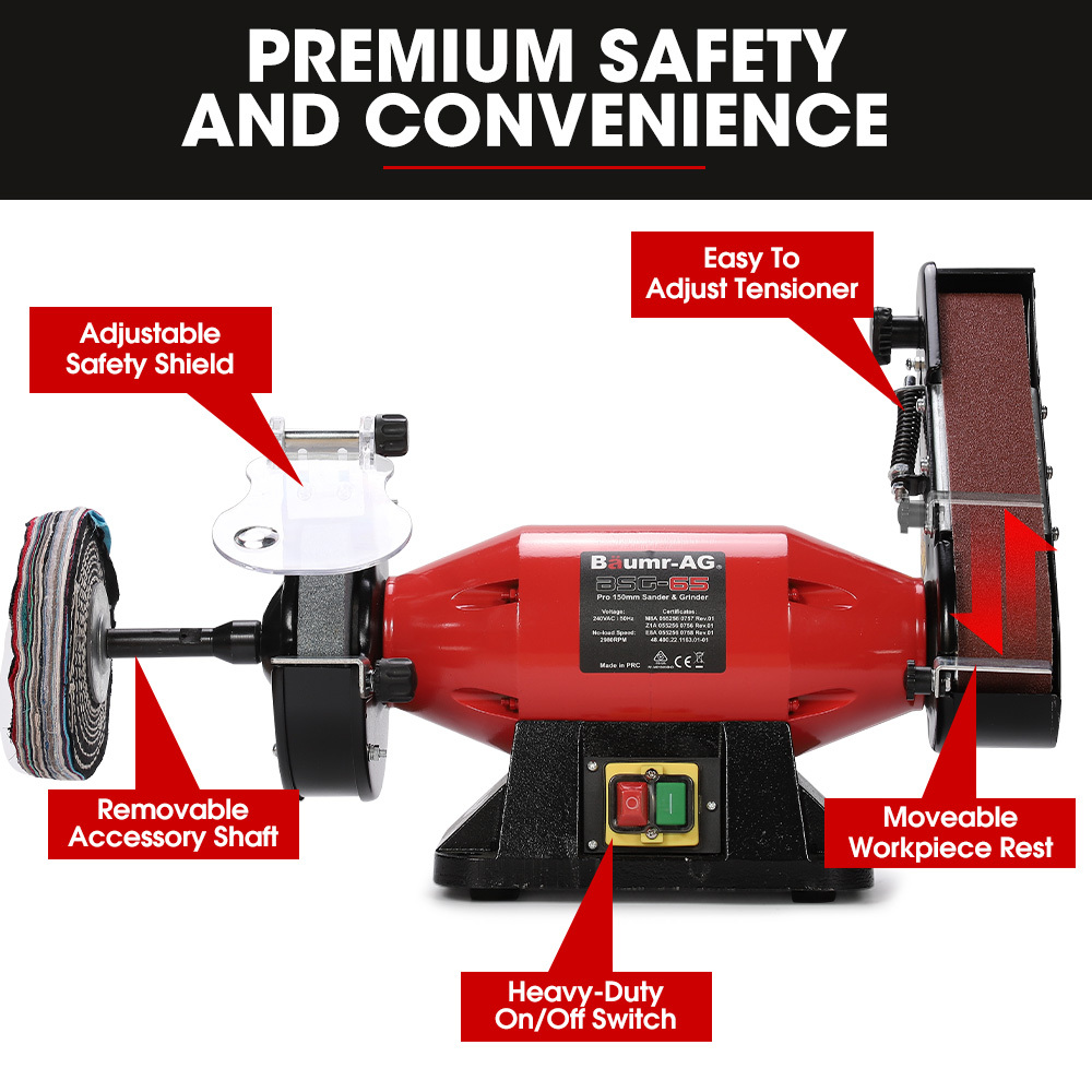 V219-SNDBELBMG65A-225679-07 BAUMR-AG Bench Grinder Sander and Polisher Combo, 150mm Grinding Wheel, 50mm Linisher, 520W Brushless Motor, w/ Wire and Buffing Wheels - Image 8