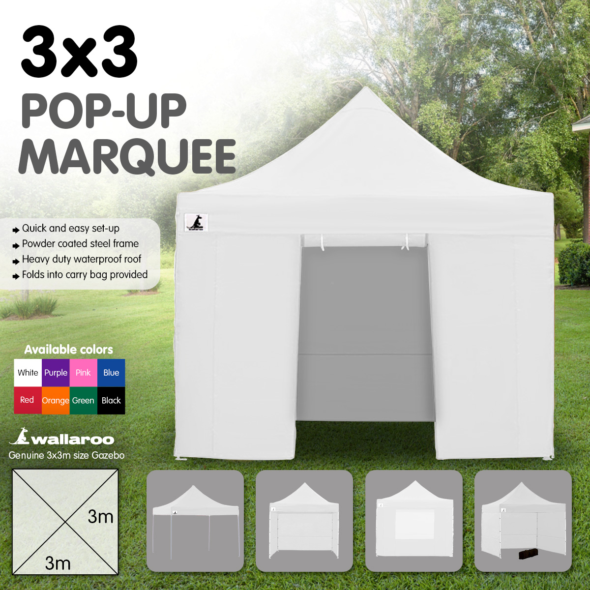 V240-GAZ-POP-3X3-WH-73603-01 Wallaroo Gazebo Tent Marquee 3x3 PopUp Outdoor Wallaroo White - Image 2
