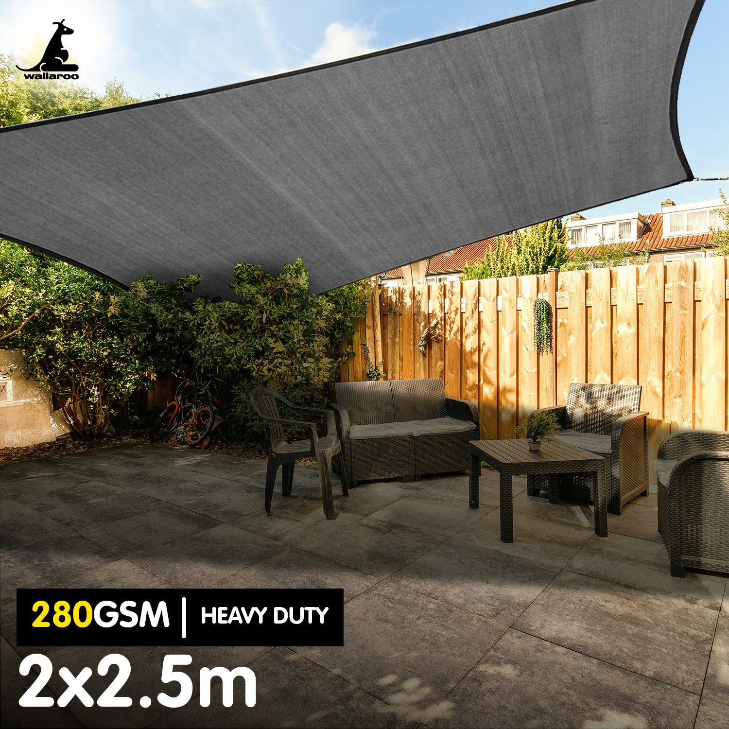 V240-GYSS-280-2X25-167585-01 Wallaroo 280gsm Outdoor Sun Shade Sail Canopy Grey - 2m X 2.5m - Image 2