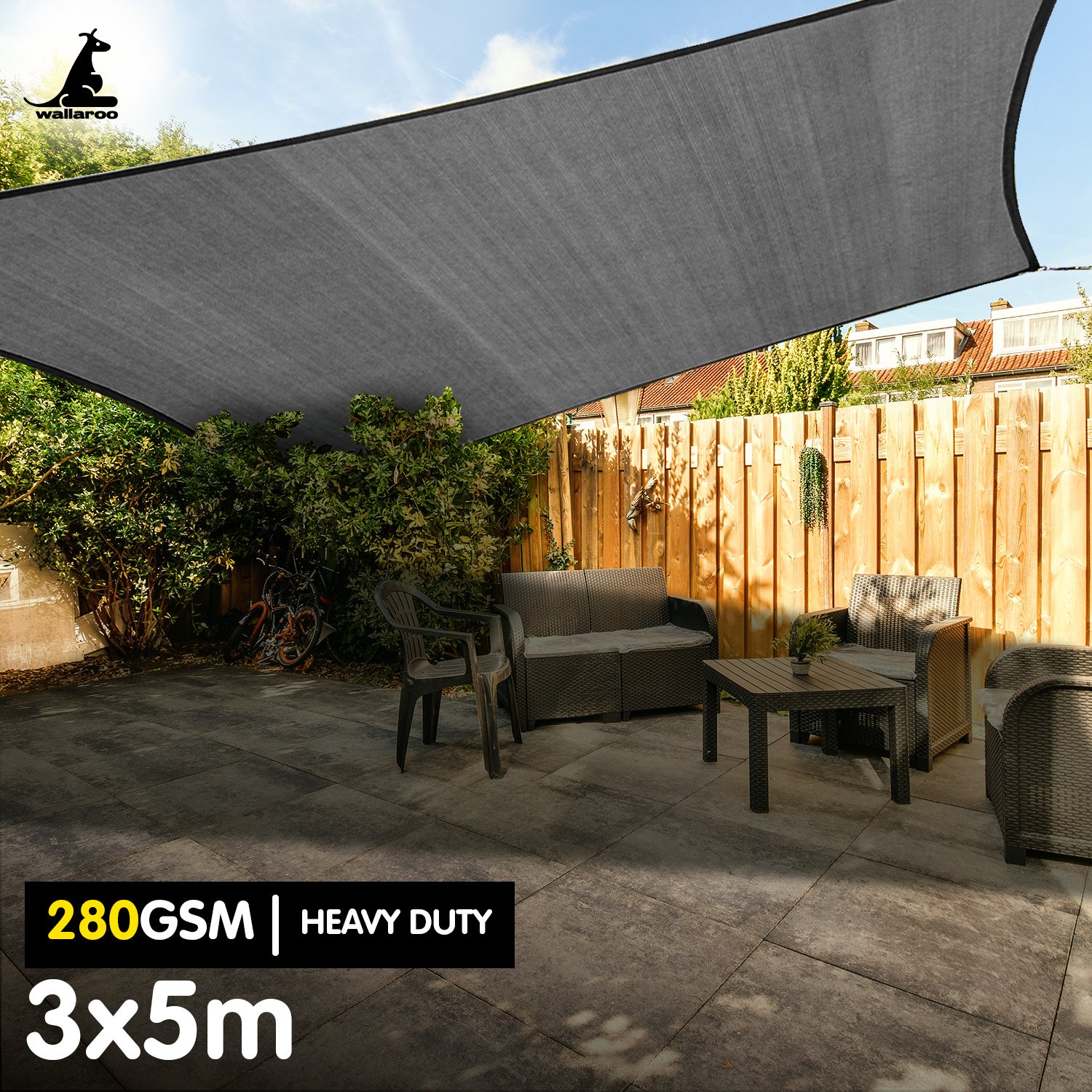 V240-GYSS-280-3X5-167590-01 Wallaroo 280gsm Outdoor Sun Shade Sail Canopy Grey - 3m X 5m - Image 2