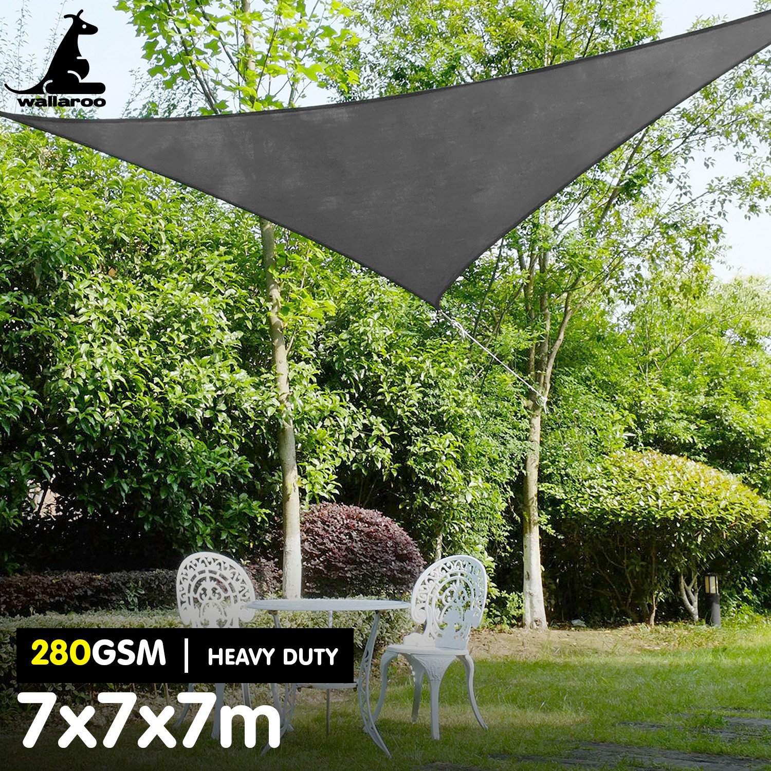 V240-GYSS-280-777-217129-07 Wallaroo 280GSM Outdoor Sun Shade Sail Canopy Grey Triangle 7m x 7m x 7m - Image 8