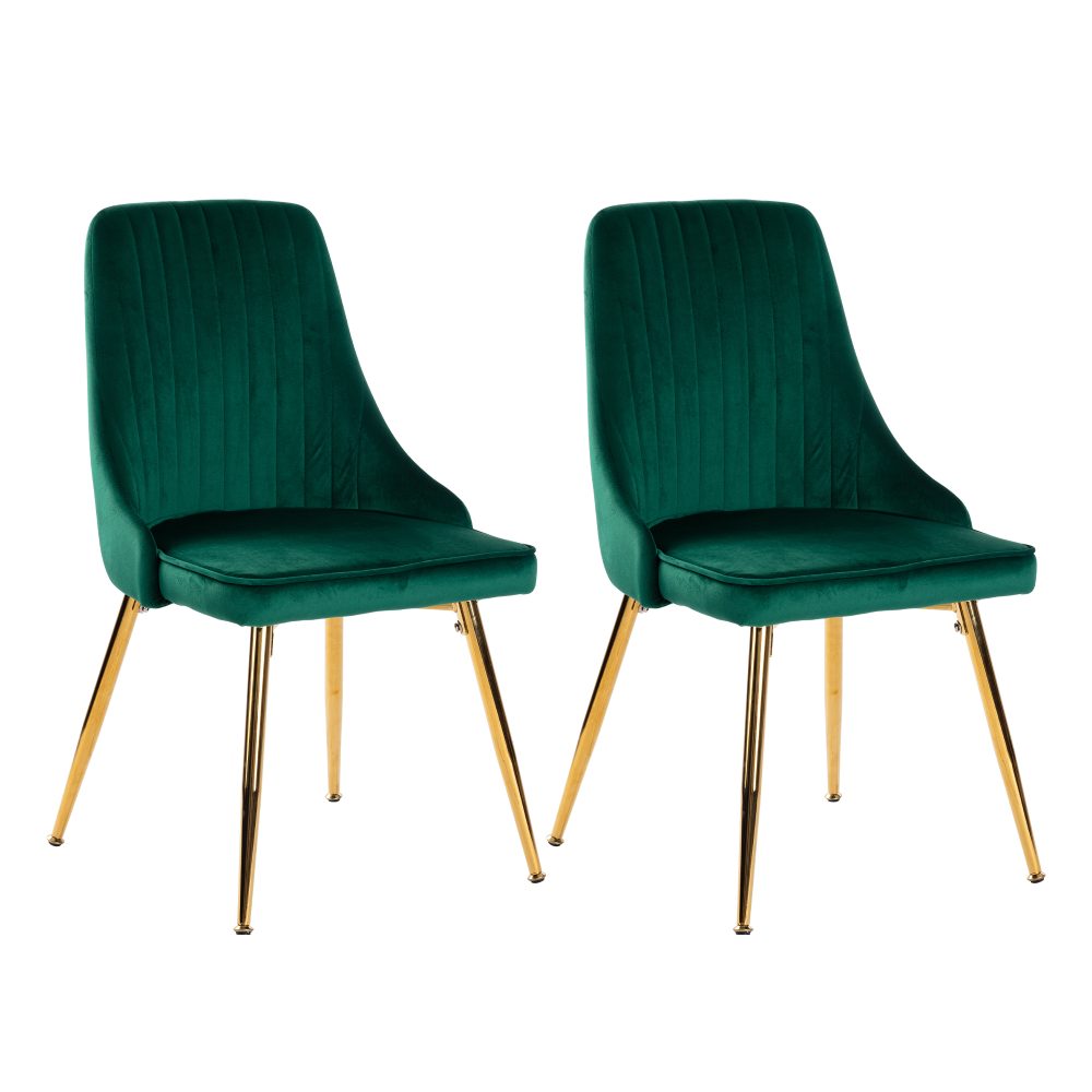 Viva Forever Set of 2 Green Velvet Dining Chairs-Art Deco Design with Gold Metal Legs