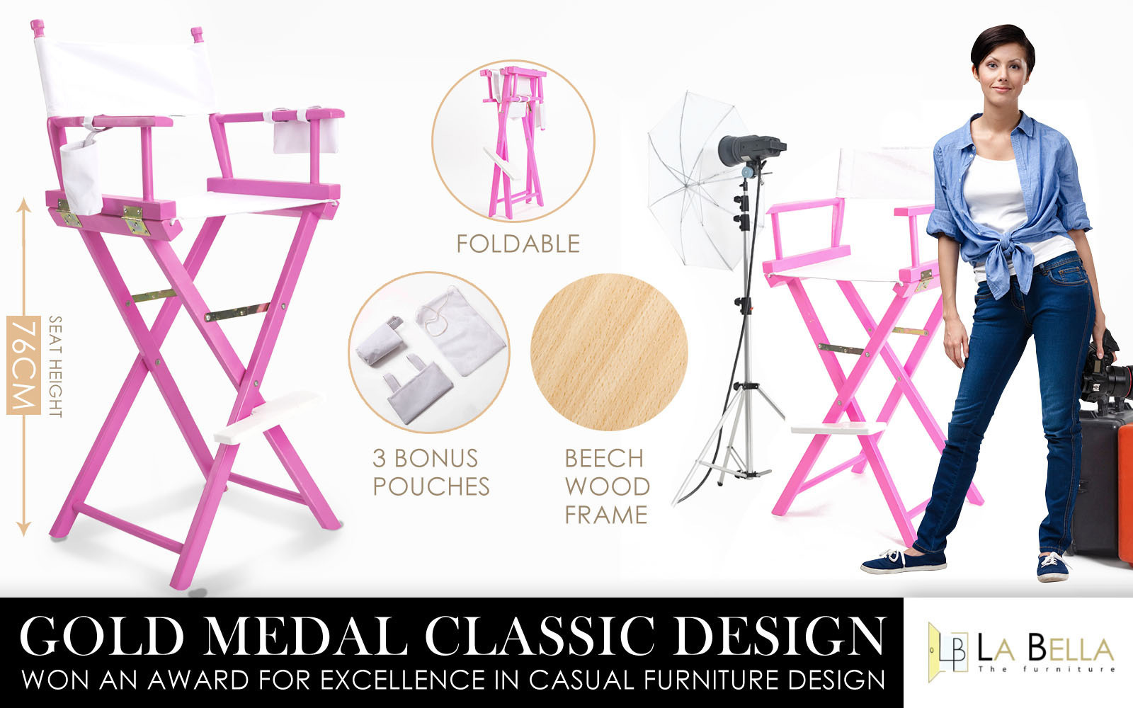 V274-FT-6015DC-PK-202502281332-00 Director Movie Folding Tall Chair 76cm PINK HUMOR - Image 2