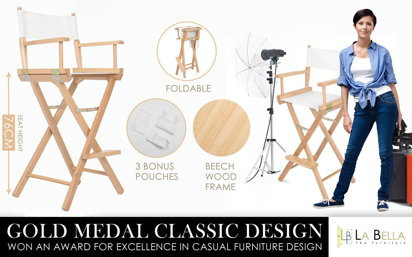 V274-FT-6015DC-WD-209858-01 Director Movie Folding Tall Chair 76cm Beech WOOD HUMOR - Image 2