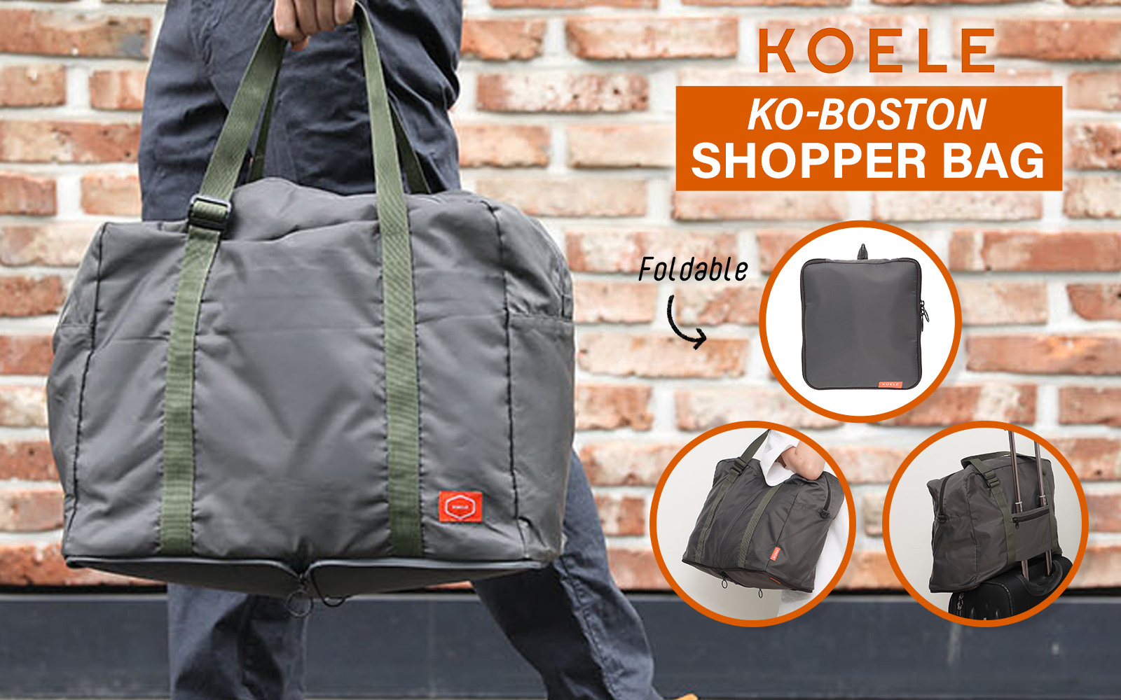 V274-GM-KOEBAG-BOS-KAK-GM-KOEBAG-BOS-KAK-01 Shopper Bag Travel Duffle Bag Foldable Laptop Luggage Nylon KO-BOSTON KHAKI - Image 2