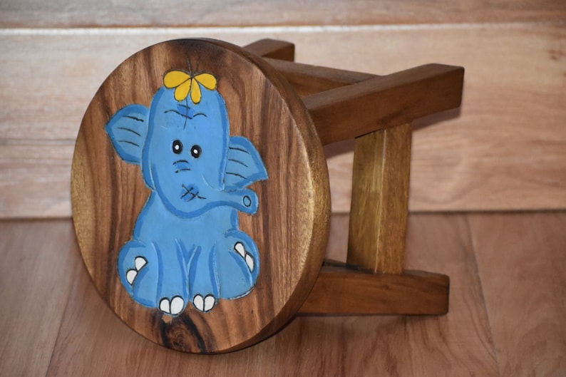 V277-TGBLUEBABYELEPHANTSTOOL-72109-01 Children's Wooden Stool Blue Baby ELEPHANT Themed Chair Toddlers Step sitting Stool - Image 2