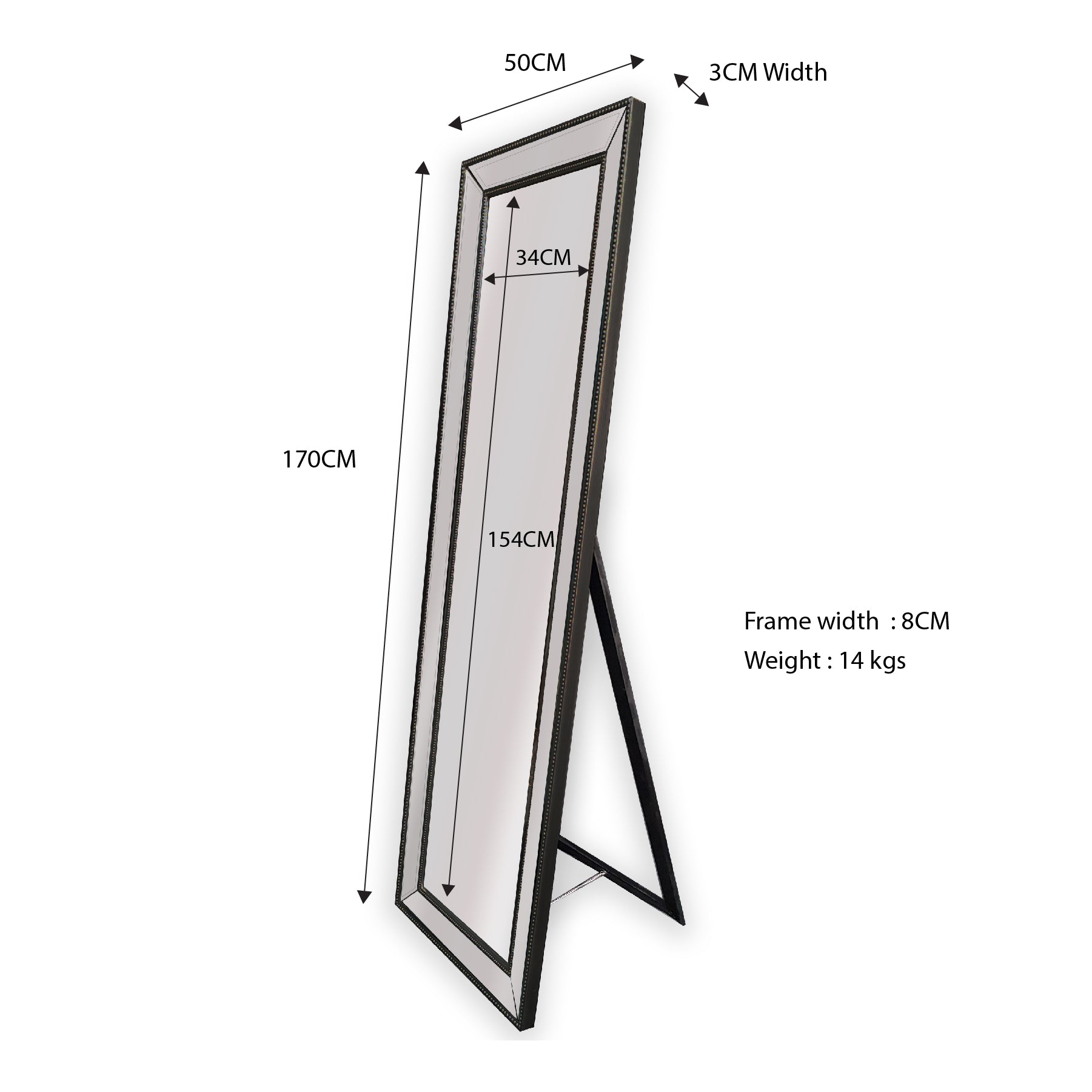 V292-MIRR-BDD012-51932-01 Black Beaded Framed Mirror - Free Standing 50cm x 170cm - Image 2