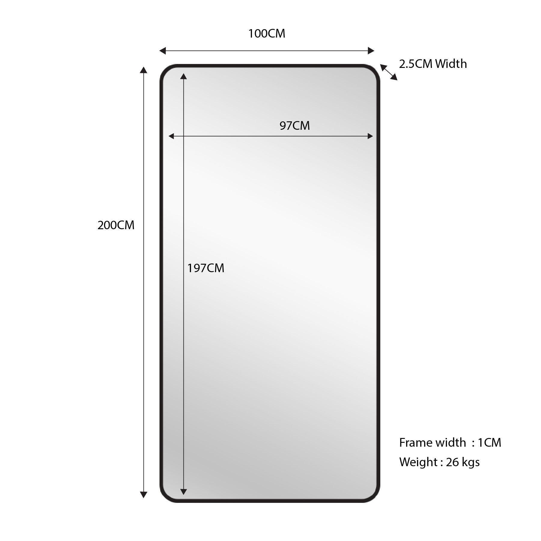 V292-MIRR-MTL033-71772-01 Black Metal Rectangle Mirror - X-Large 100cm x 200cm - Image 2