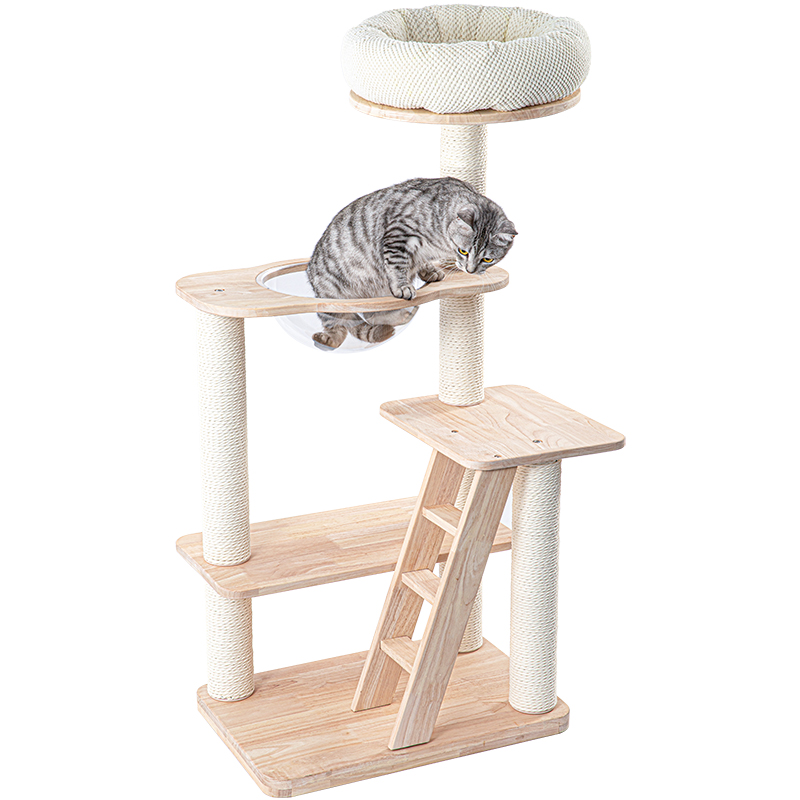 V390-V210906-202507030910-00 HONEYPOTCAT Serenity Plush Top Cat Tower - Wood Varnish 125cm - Image 1